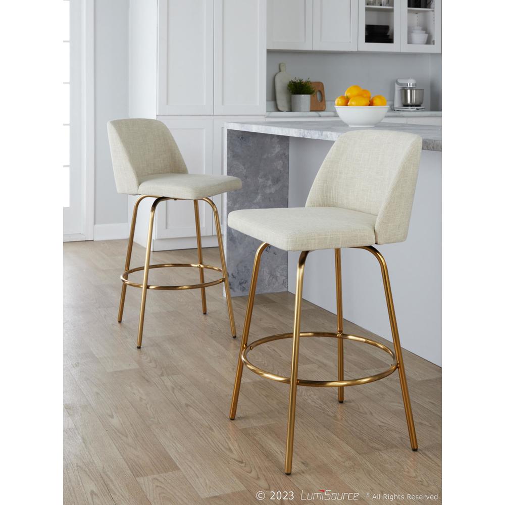 Cream Fabric, Gold Metal Toriano 26" Fixed-Height Counter Stool - Set of 2. Picture 8