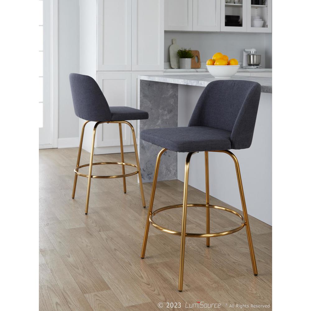 Blue Fabric, Gold Metal Toriano 26" Fixed-Height Counter Stool - Set of 2. Picture 7