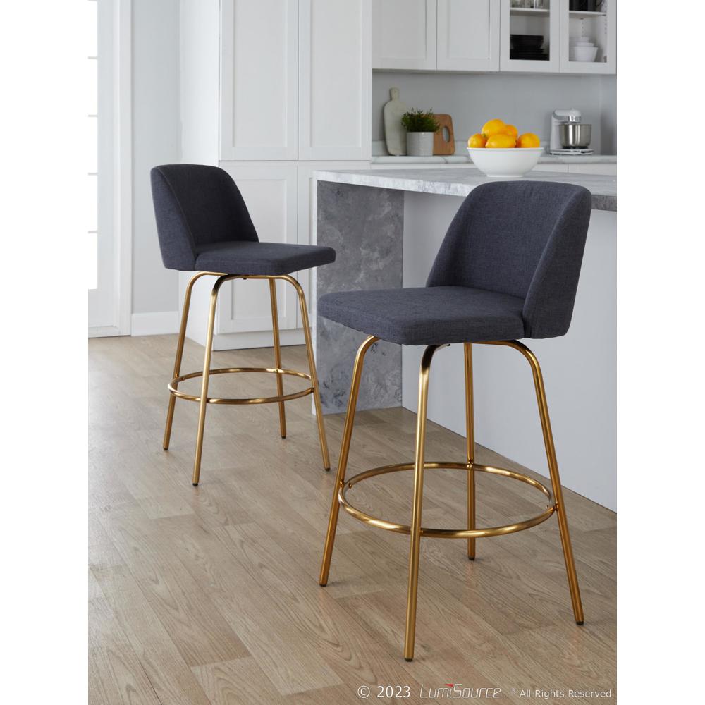 Blue Fabric, Gold Metal Toriano 26" Fixed-Height Counter Stool - Set of 2. Picture 8