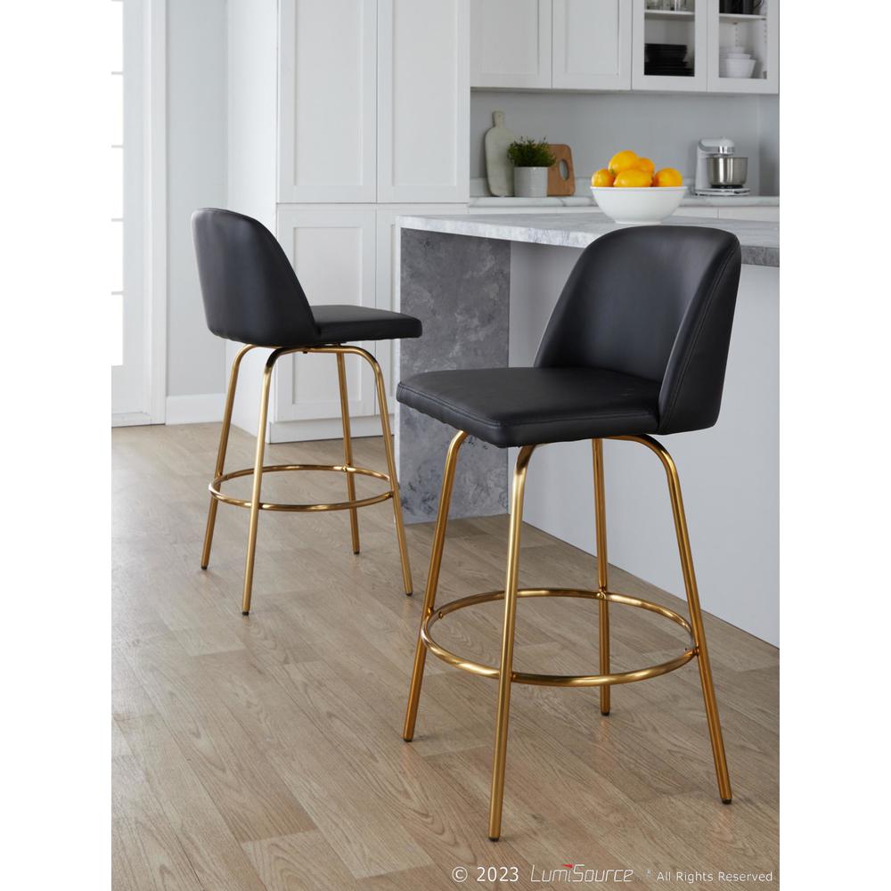 Black PU, Gold Metal Toriano 26" Fixed-Height Counter Stool - Set of 2. Picture 8