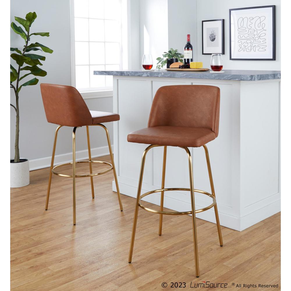 Camel PU, Gold Metal Toriano 30" Fixed-Height Barstool - Set of 2. Picture 7