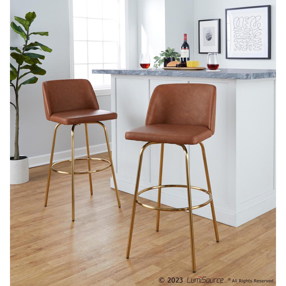 Camel PU, Gold Metal Toriano 30" Fixed-Height Barstool - Set of 2. Picture 8