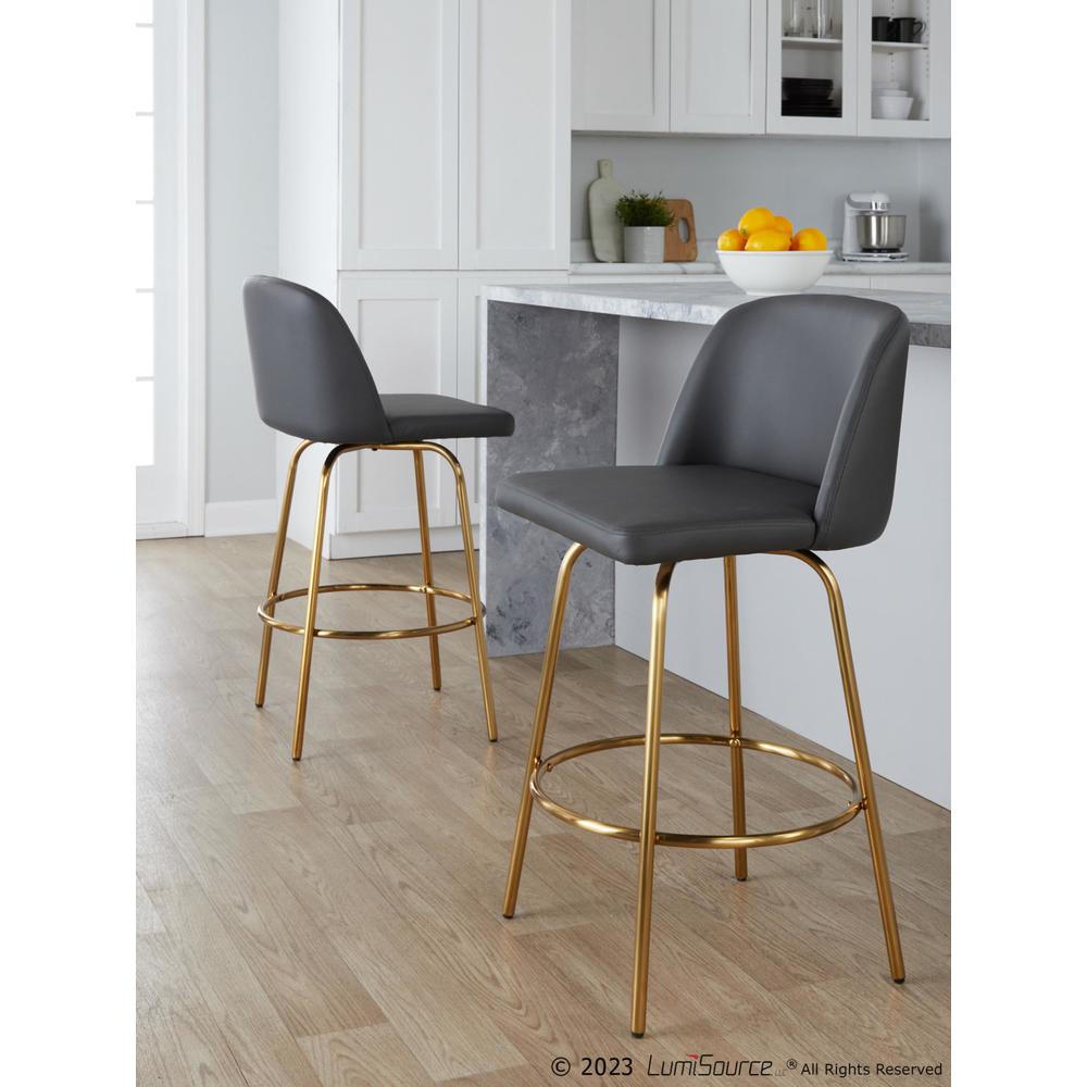 Grey PU, Gold Metal Toriano 26" Fixed-Height Counter Stool - Set of 2. Picture 7