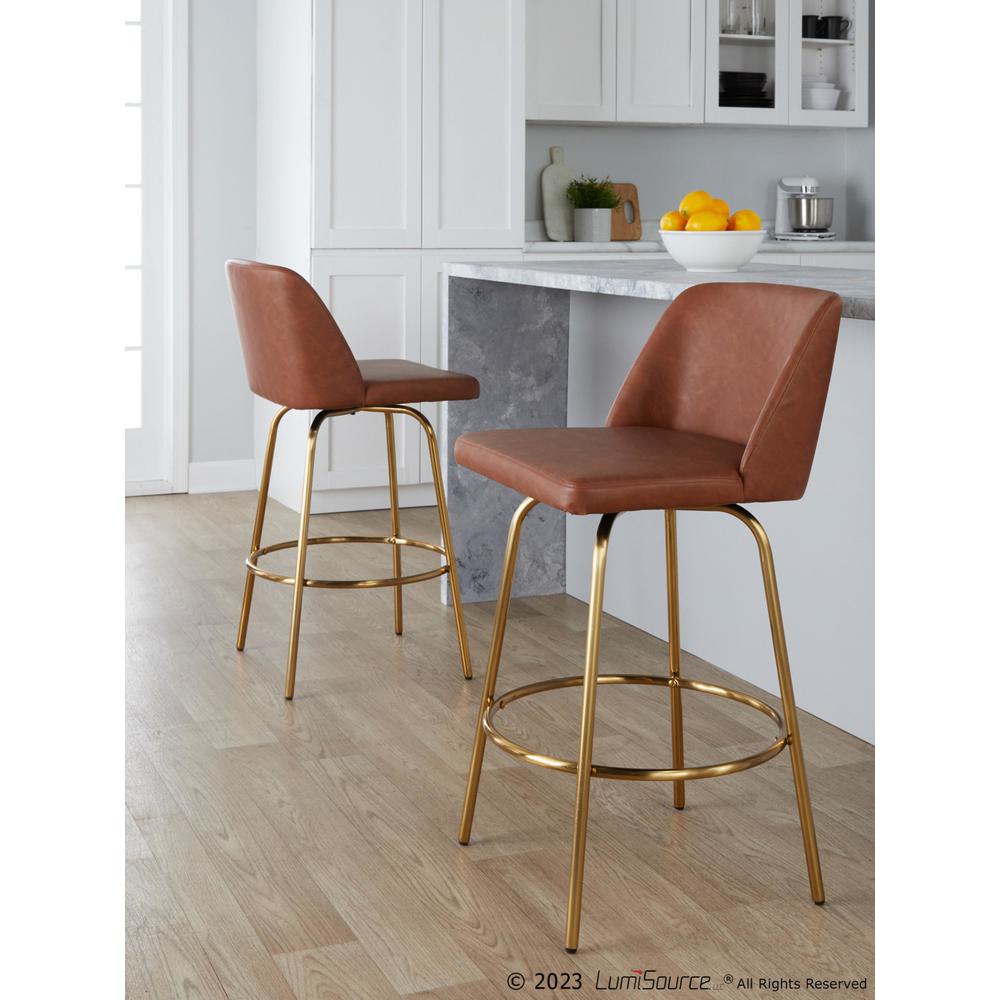 Camel PU, Gold Metal Toriano 26" Fixed-Height Counter Stool - Set of 2. Picture 7