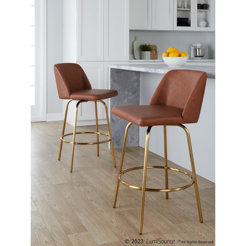 Camel PU, Gold Metal Toriano 26" Fixed-Height Counter Stool - Set of 2. Picture 8