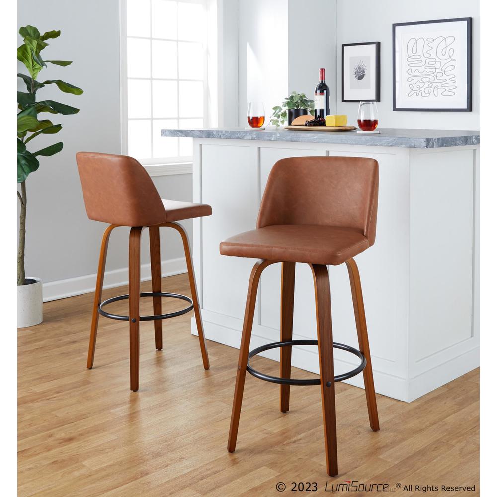 Walnut Wood, Camel PU, Black Metal Toriano 30" Fixed-Height Barstool - Set of 2. Picture 7