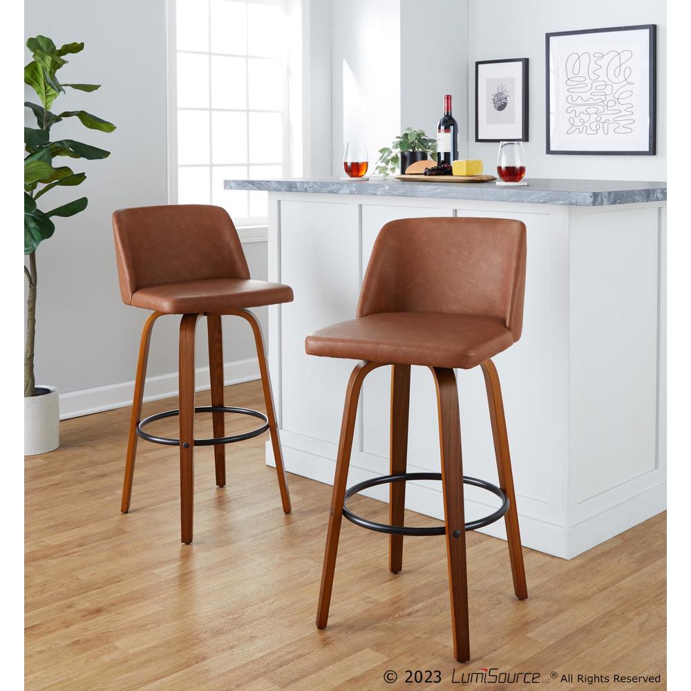 Walnut Wood, Camel PU, Black Metal Toriano 30" Fixed-Height Barstool - Set of 2. Picture 8