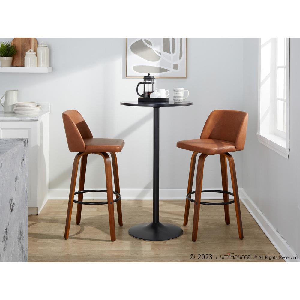 Walnut Wood, Camel PU, Black Metal Toriano 30" Fixed-Height Barstool - Set of 2. Picture 9