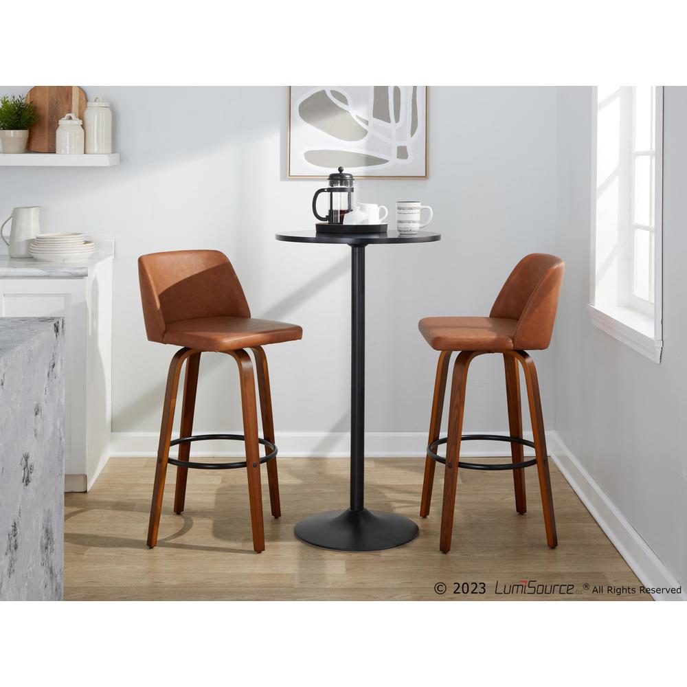 Walnut Wood, Camel PU, Black Metal Toriano 30" Fixed-Height Barstool - Set of 2. Picture 10