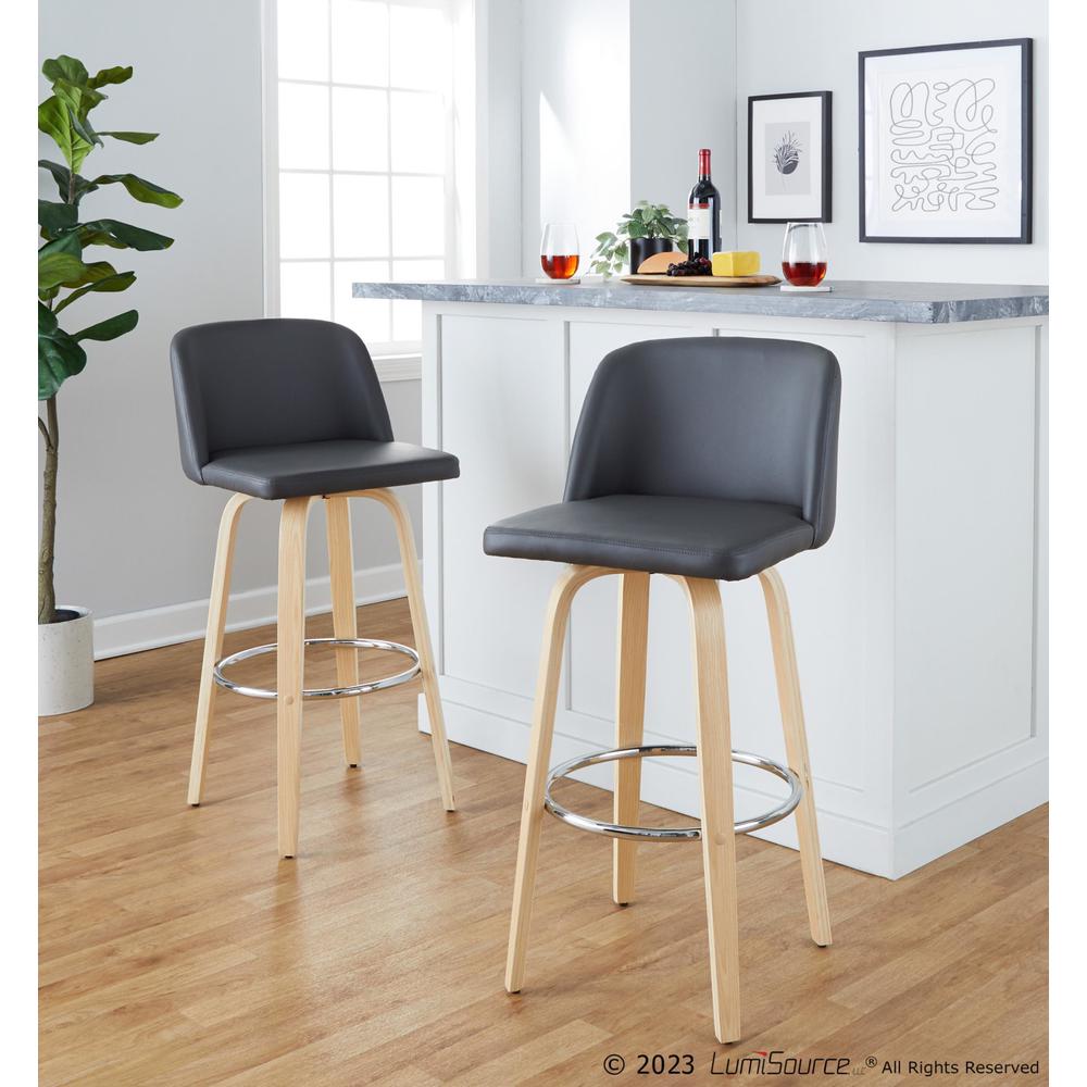 Natural Wood, Grey PU, Chrome Metal Toriano 30" Fixed-Height Barstool - Set of 2. Picture 7
