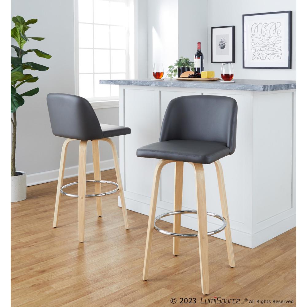 Natural Wood, Grey PU, Chrome Metal Toriano 30" Fixed-Height Barstool - Set of 2. Picture 8