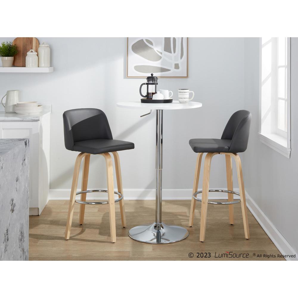 Natural Wood, Grey PU, Chrome Metal Toriano 30" Fixed-Height Barstool - Set of 2. Picture 9