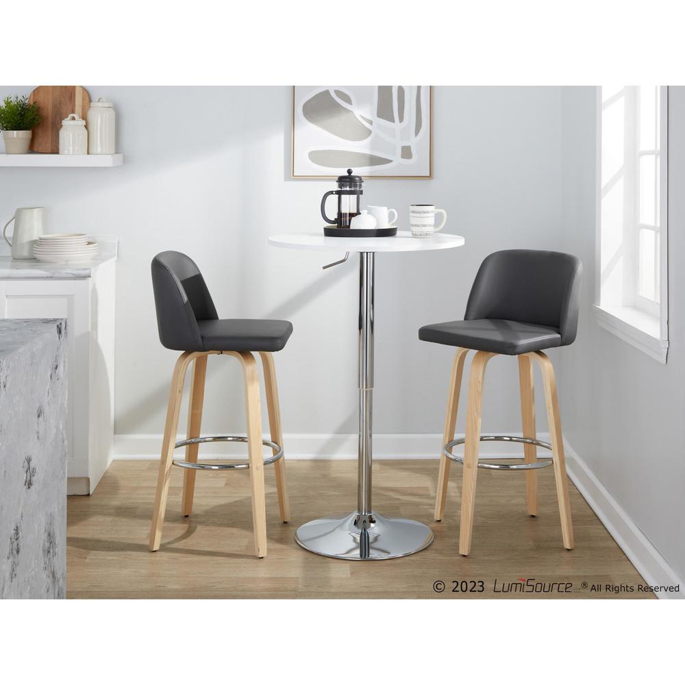 Natural Wood, Grey PU, Chrome Metal Toriano 30" Fixed-Height Barstool - Set of 2. Picture 10