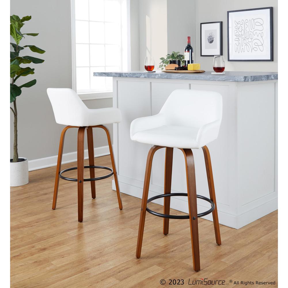 Walnut Wood, Black Metal, White PU Daniella 30" Fixed-Height Barstool - Set of 2. Picture 7