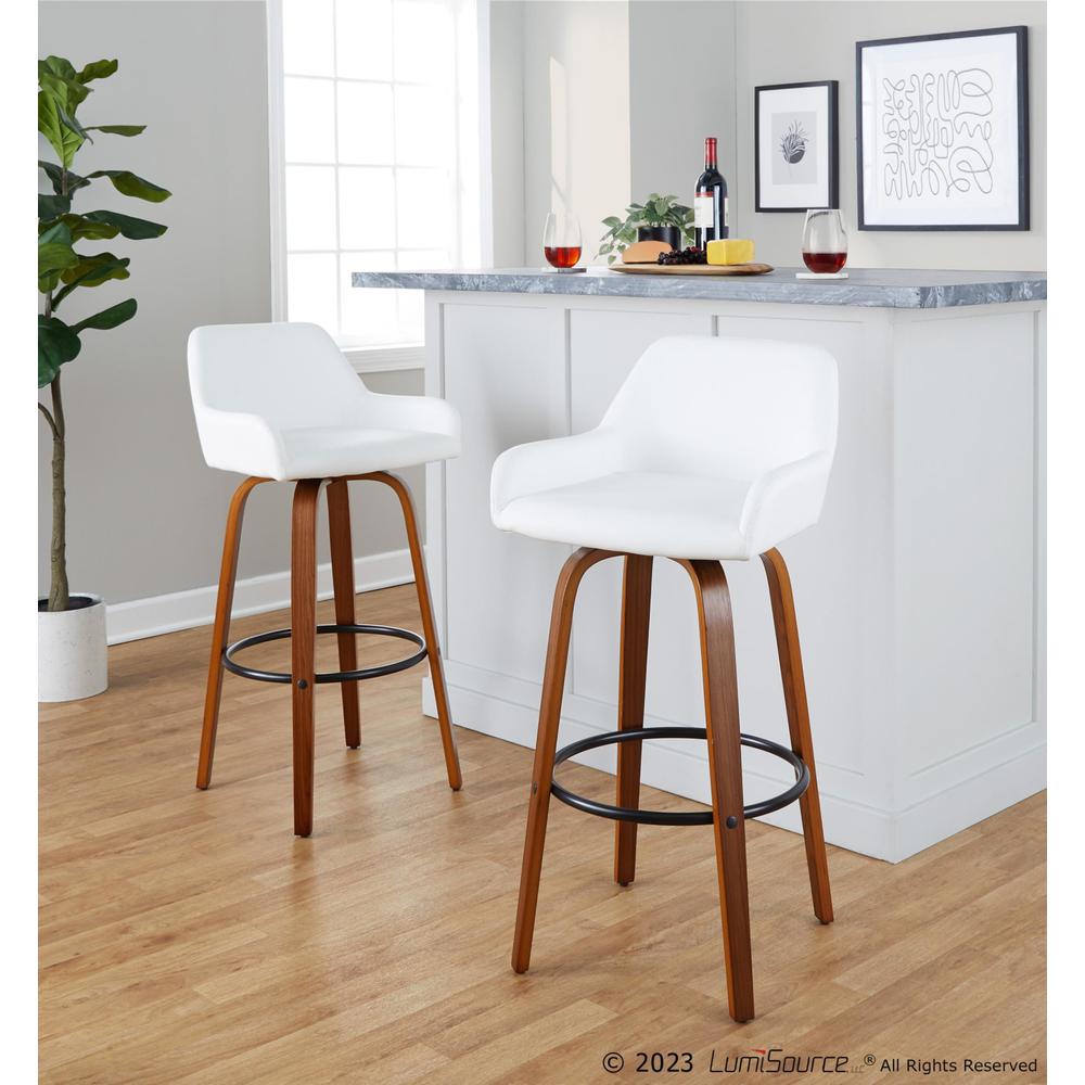Walnut Wood, Black Metal, White PU Daniella 30" Fixed-Height Barstool - Set of 2. Picture 8