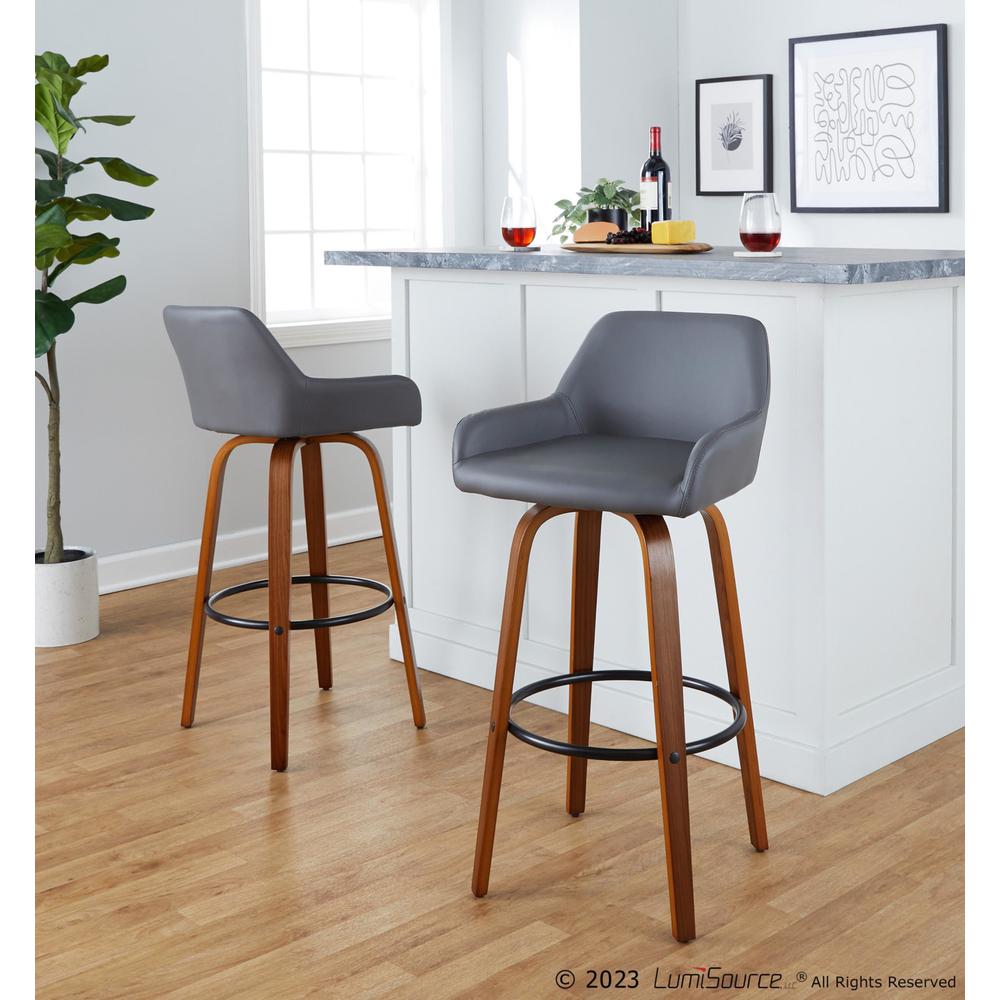 Walnut Wood, Black Metal, Grey PU Daniella 30" Fixed-Height Barstool - Set of 2. Picture 7