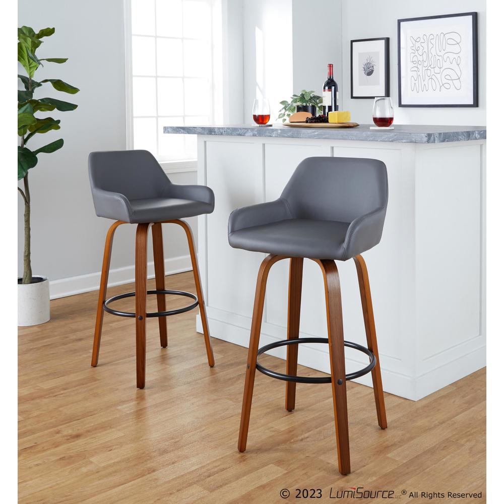 Walnut Wood, Black Metal, Grey PU Daniella 30" Fixed-Height Barstool - Set of 2. Picture 8