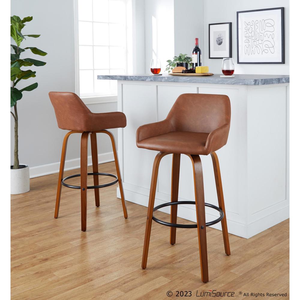 Walnut Wood, Black Metal, Camel PU Daniella 30" Fixed-Height Barstool - Set of 2. Picture 7