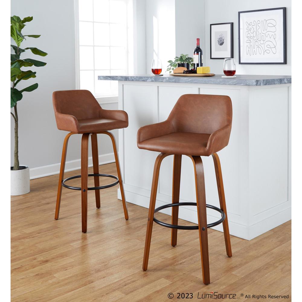 Walnut Wood, Black Metal, Camel PU Daniella 30" Fixed-Height Barstool - Set of 2. Picture 8