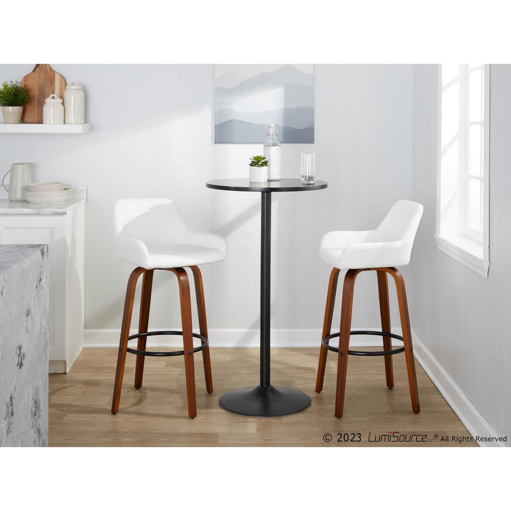 Walnut Wood, Black Metal, White PU Daniella 30" Fixed-Height Barstool - Set of 2. Picture 9