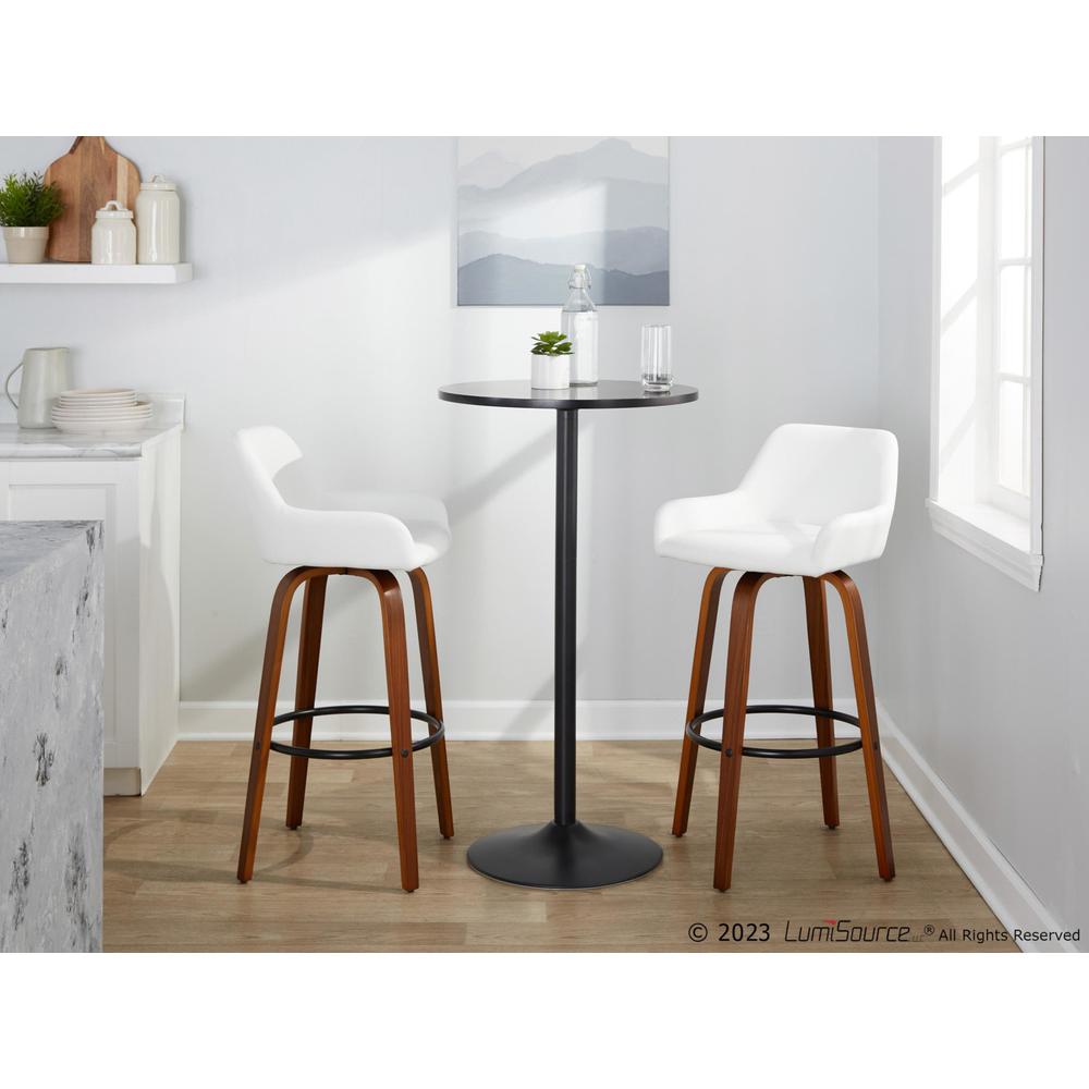 Walnut Wood, Black Metal, White PU Daniella 30" Fixed-Height Barstool - Set of 2. Picture 10