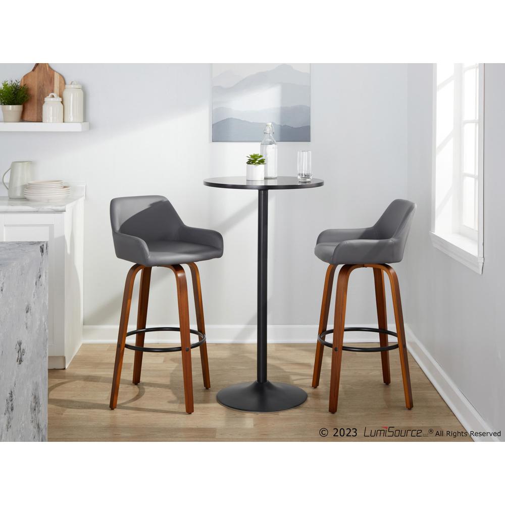 Walnut Wood, Black Metal, Grey PU Daniella 30" Fixed-Height Barstool - Set of 2. Picture 9