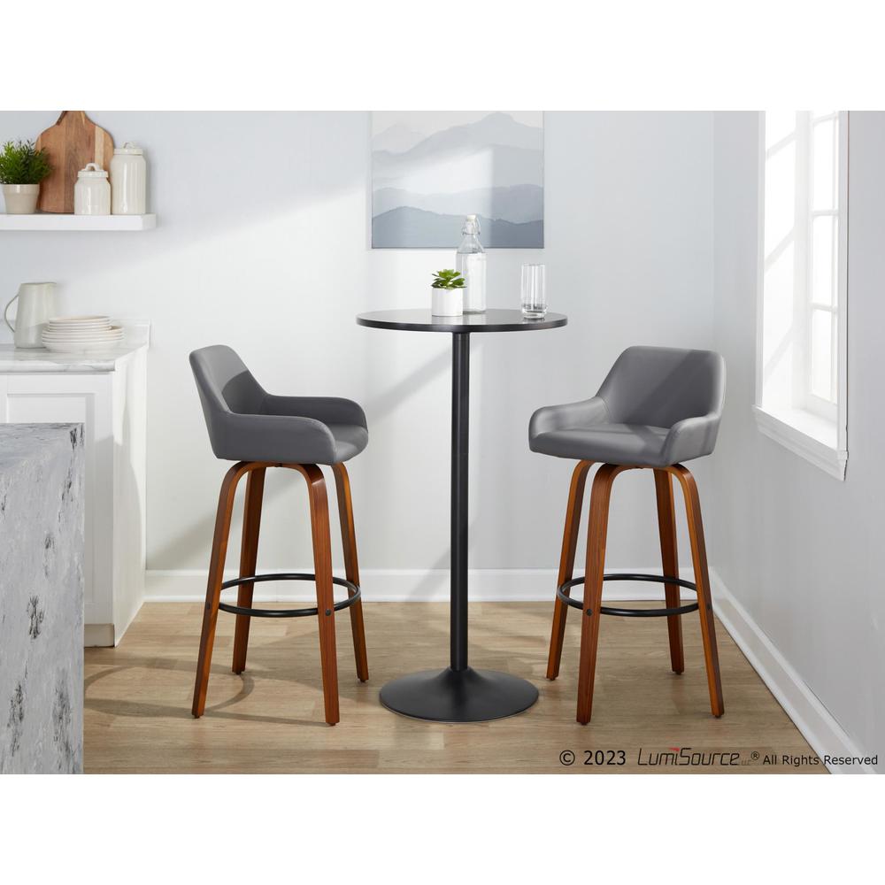 Walnut Wood, Black Metal, Grey PU Daniella 30" Fixed-Height Barstool - Set of 2. Picture 10