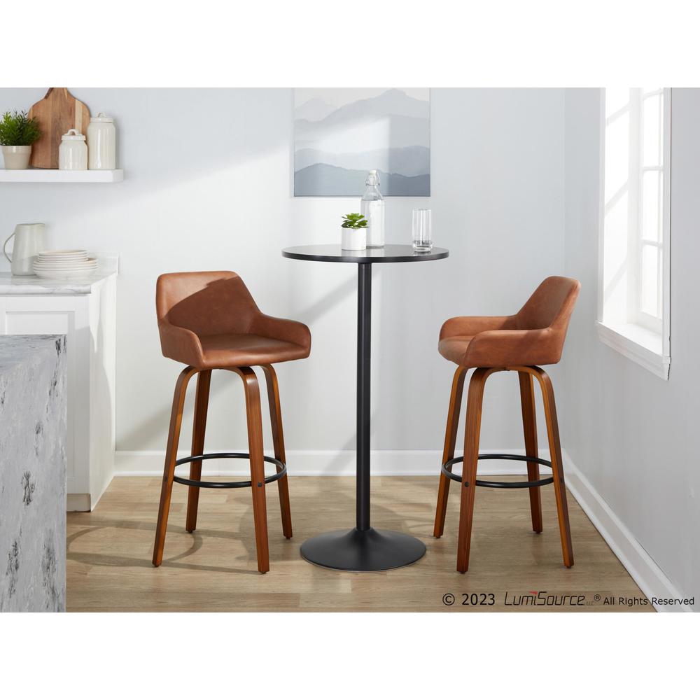 Walnut Wood, Black Metal, Camel PU Daniella 30" Fixed-Height Barstool - Set of 2. Picture 9