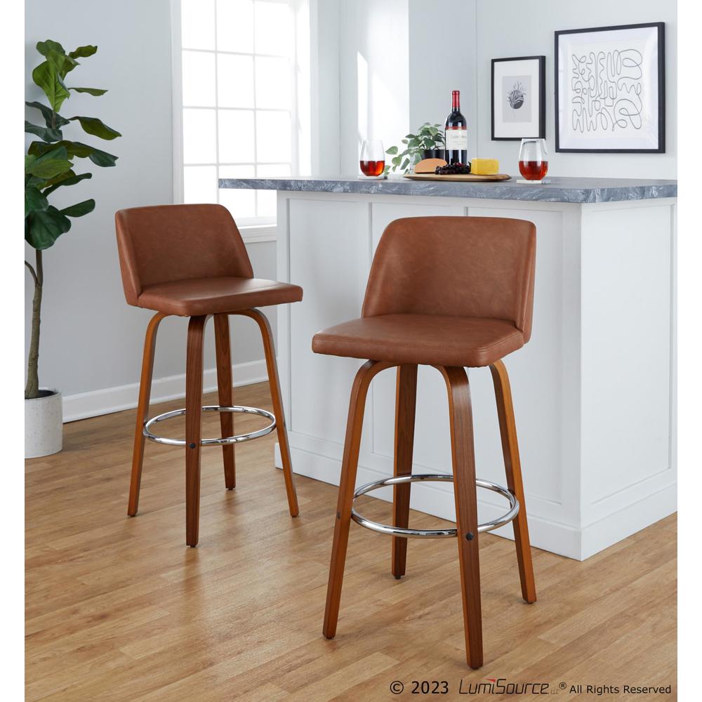 Walnut Wood, Camel PU, Chrome Metal Toriano 30" Fixed-Height Barstool - Set of 2. Picture 7