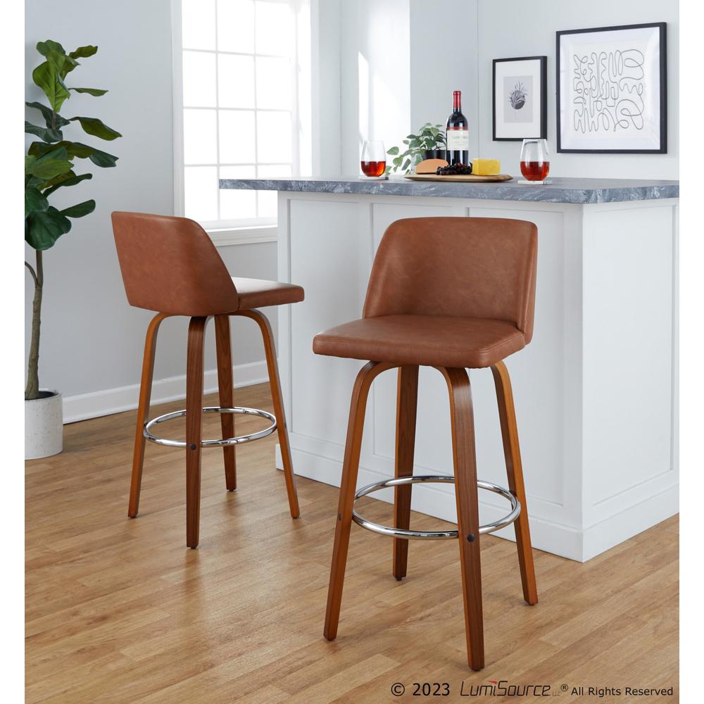 Walnut Wood, Camel PU, Chrome Metal Toriano 30" Fixed-Height Barstool - Set of 2. Picture 8