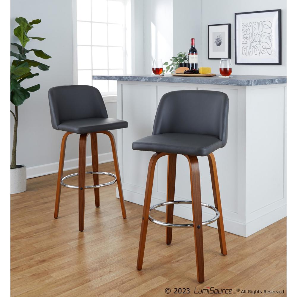 Walnut Wood, Grey PU, Chrome Metal Toriano 30" Fixed-Height Barstool - Set of 2. Picture 7