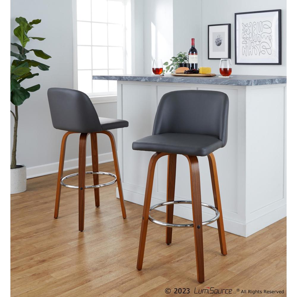 Walnut Wood, Grey PU, Chrome Metal Toriano 30" Fixed-Height Barstool - Set of 2. Picture 8