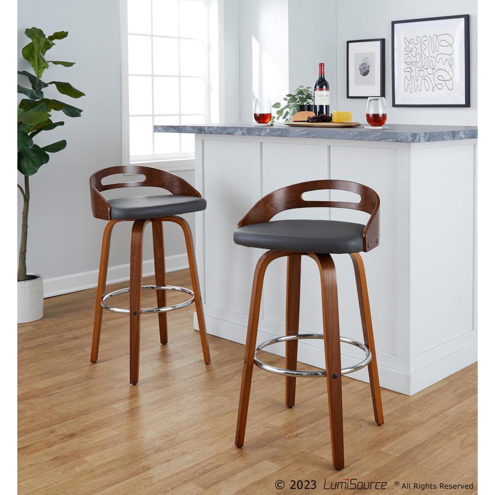 Walnut Wood, Grey PU, Chrome Metal Cassis 30" Fixed-Height Barstool - Set of 2. Picture 7