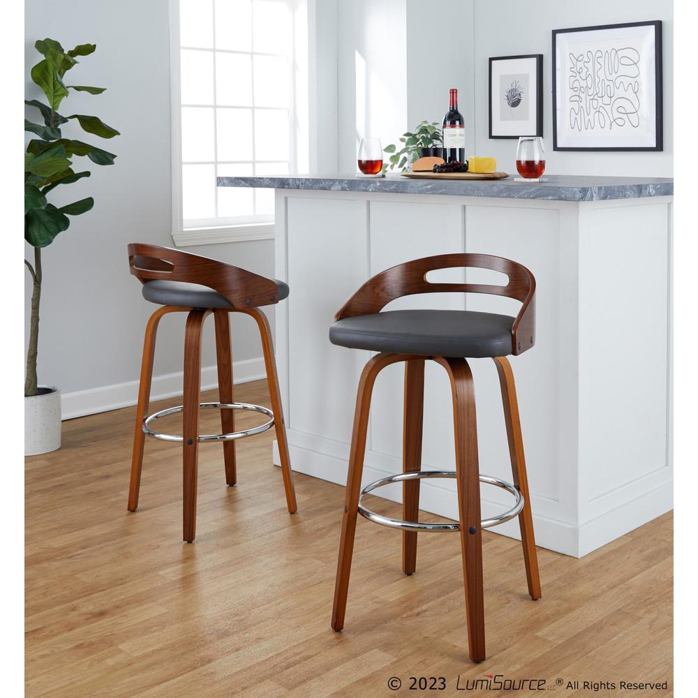 Walnut Wood, Grey PU, Chrome Metal Cassis 30" Fixed-Height Barstool - Set of 2. Picture 8