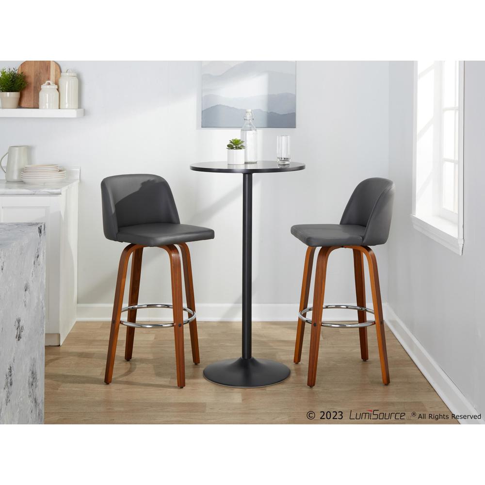 Walnut Wood, Grey PU, Chrome Metal Toriano 30" Fixed-Height Barstool - Set of 2. Picture 9