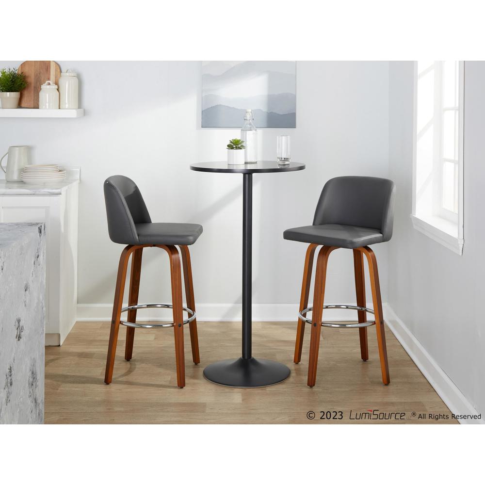 Walnut Wood, Grey PU, Chrome Metal Toriano 30" Fixed-Height Barstool - Set of 2. Picture 10