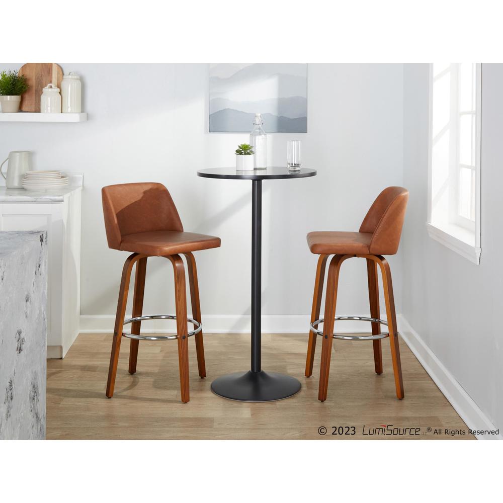 Walnut Wood, Camel PU, Chrome Metal Toriano 30" Fixed-Height Barstool - Set of 2. Picture 9