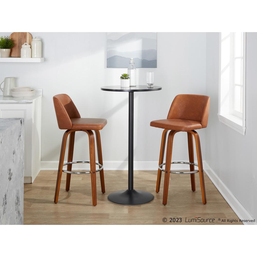 Walnut Wood, Camel PU, Chrome Metal Toriano 30" Fixed-Height Barstool - Set of 2. Picture 10