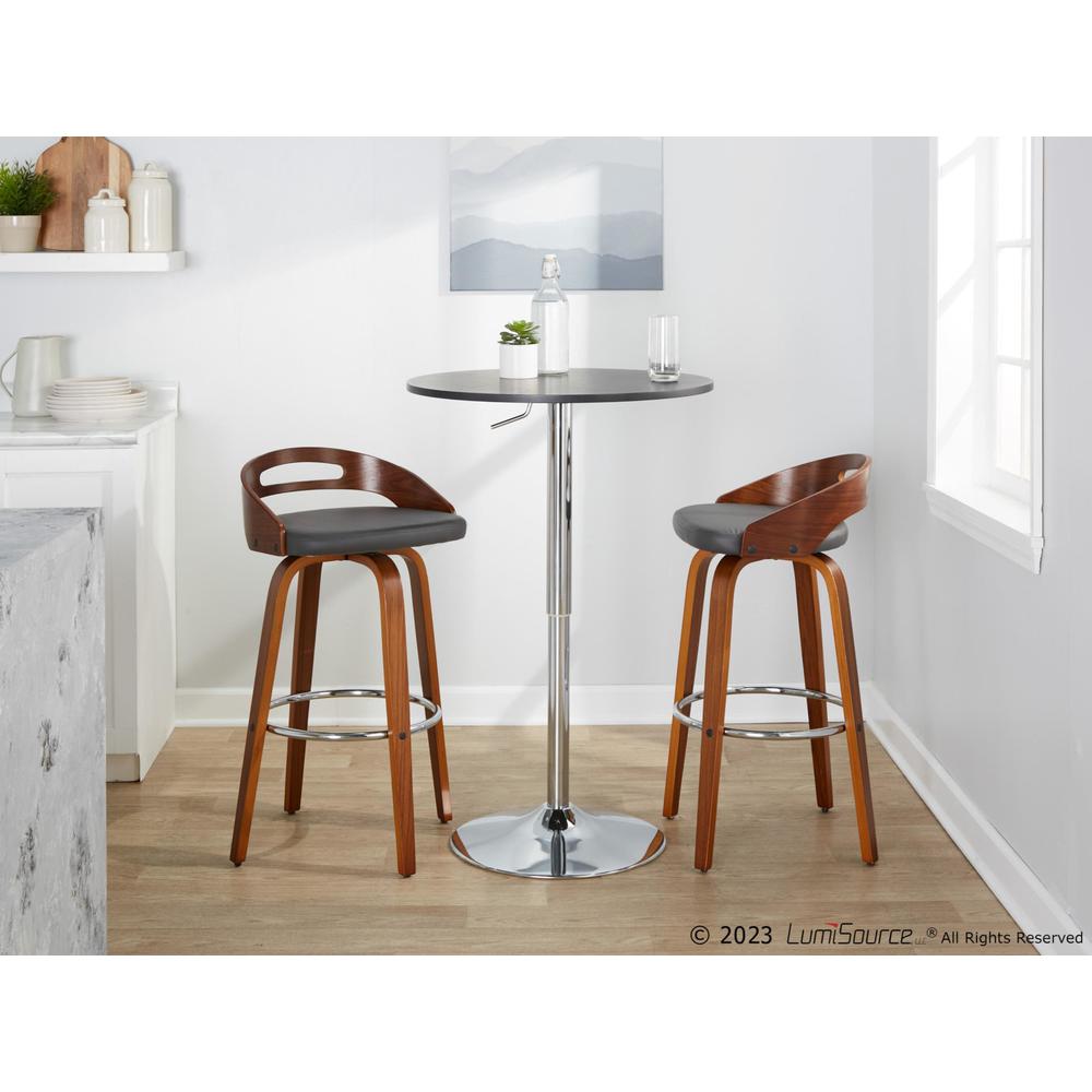 Walnut Wood, Grey PU, Chrome Metal Cassis 30" Fixed-Height Barstool - Set of 2. Picture 9