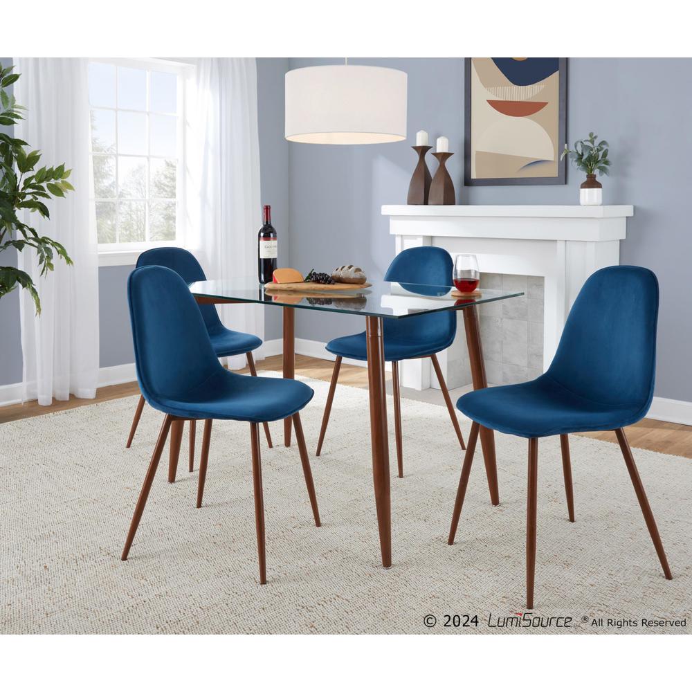 Walnut Metal, Clear Glass, Blue Velvet Clara-Pebble Dining Set - 5 Piece. Picture 3