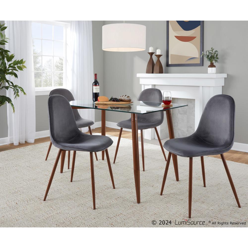 Walnut Metal, Clear Glass, Grey Velvet Clara-Pebble Dining Set - 5 Piece. Picture 3