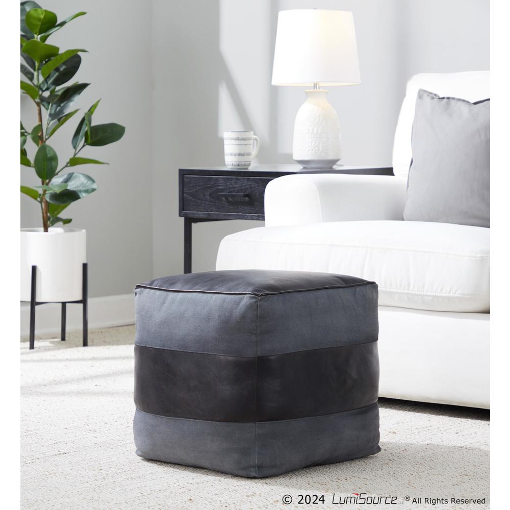 Black Leather, Grey Canvas Cobbler Canvas Pouf. Picture 4