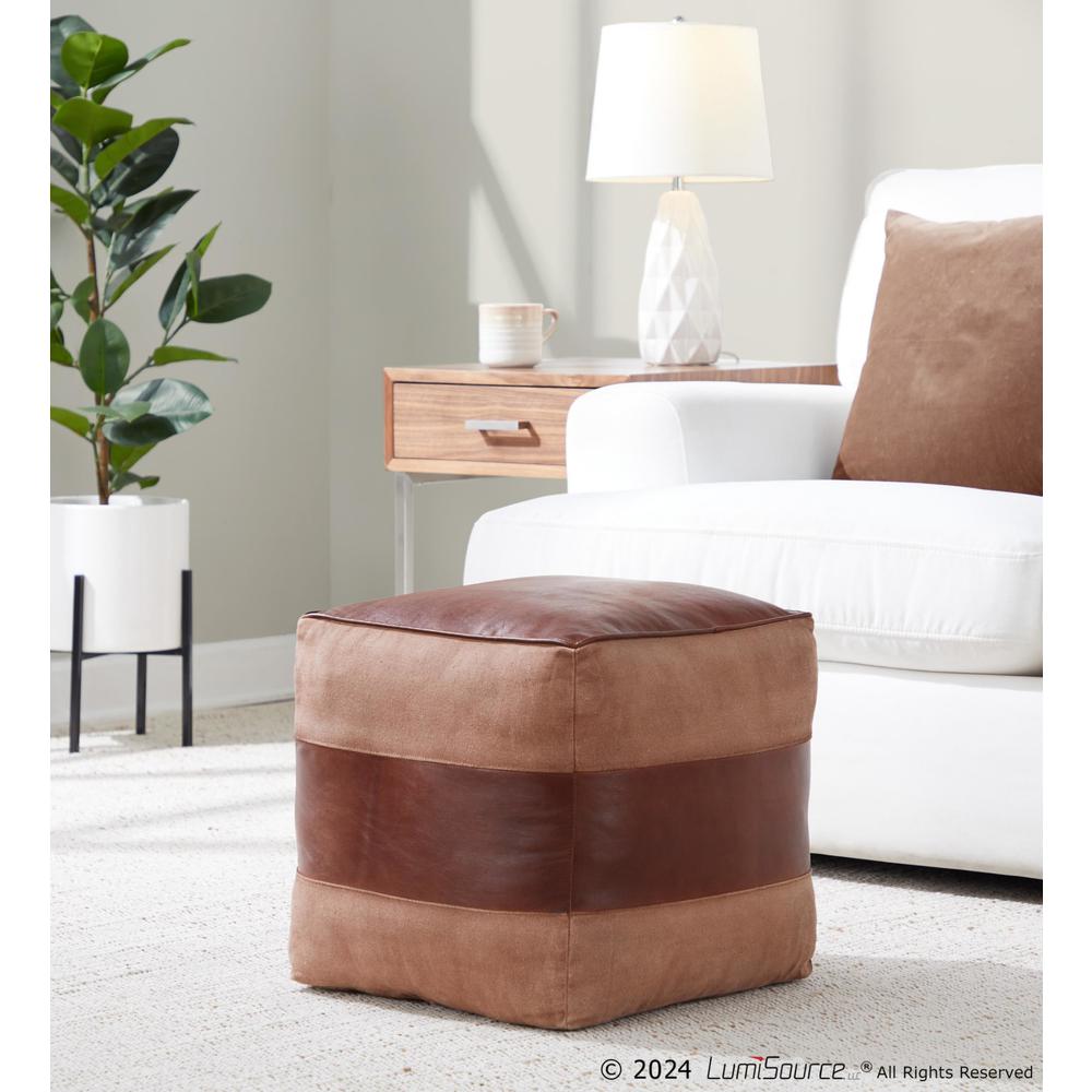 Espresso Leather, Tan Canvas Cobbler Canvas Pouf. Picture 5