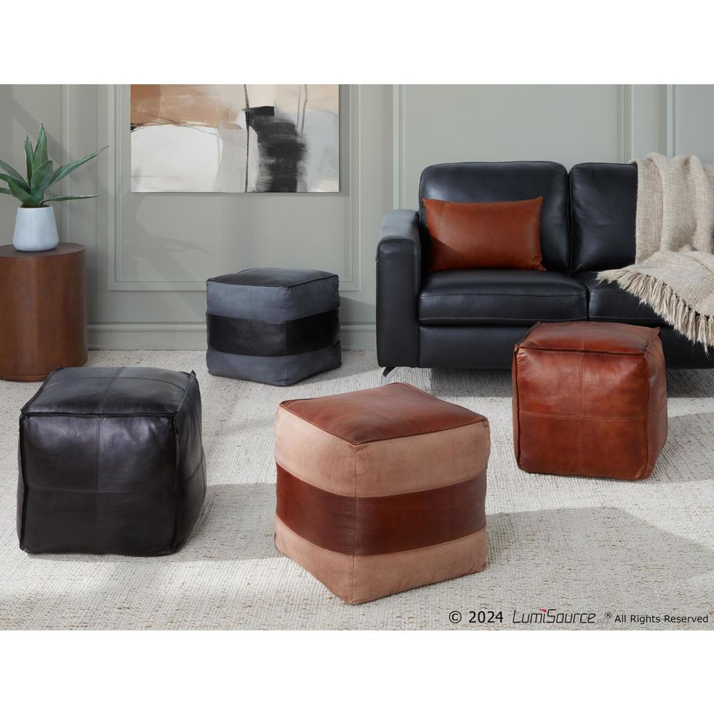 Black Leather, Grey Canvas Cobbler Canvas Pouf. Picture 5