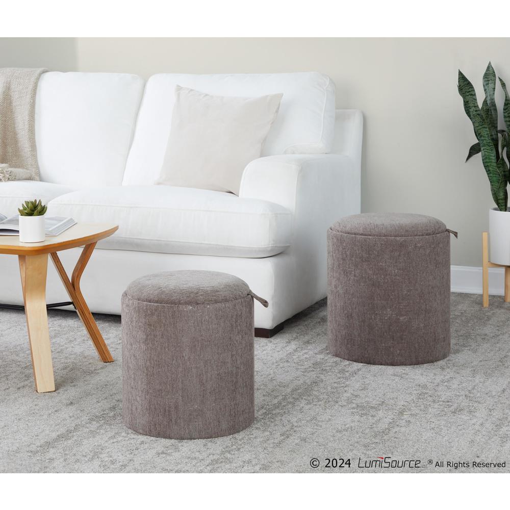Brown Fabric, Natural Wood Tray Nesting Ottoman Set. Picture 6