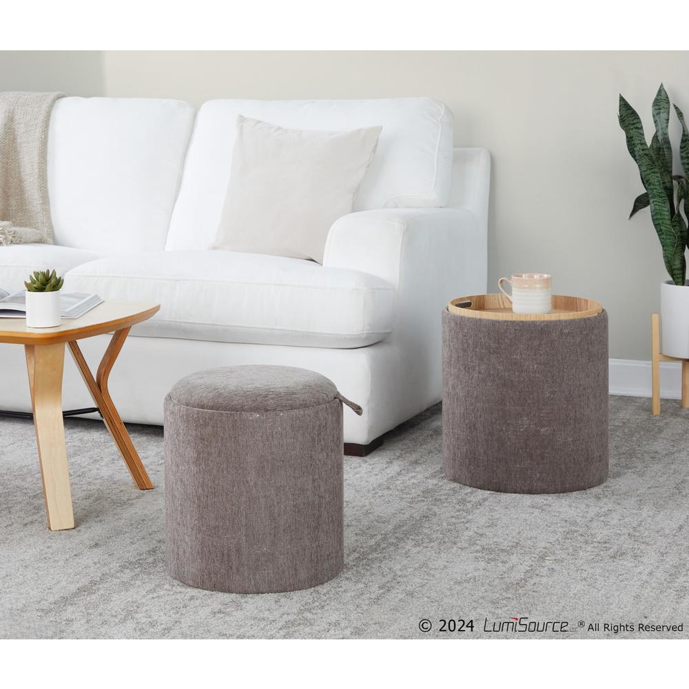 Brown Fabric, Natural Wood Tray Nesting Ottoman Set. Picture 7