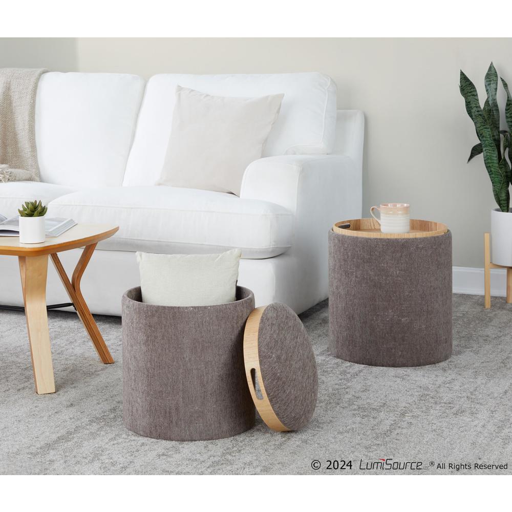 Brown Fabric, Natural Wood Tray Nesting Ottoman Set. Picture 8
