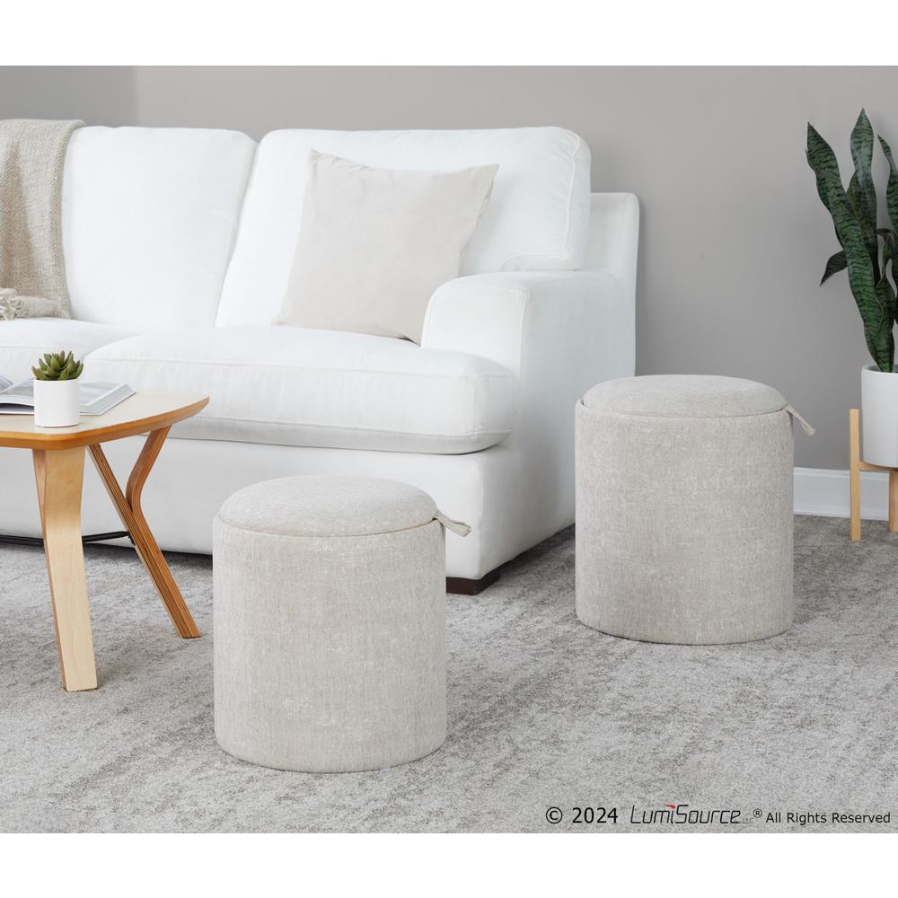 Light Brown Fabric, Natural Wood Tray Nesting Ottoman Set. Picture 6