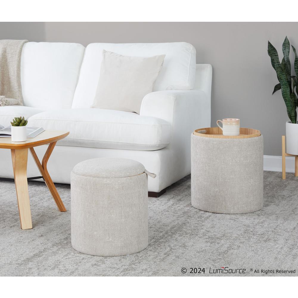 Light Brown Fabric, Natural Wood Tray Nesting Ottoman Set. Picture 7