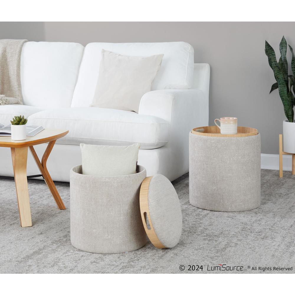 Light Brown Fabric, Natural Wood Tray Nesting Ottoman Set. Picture 8